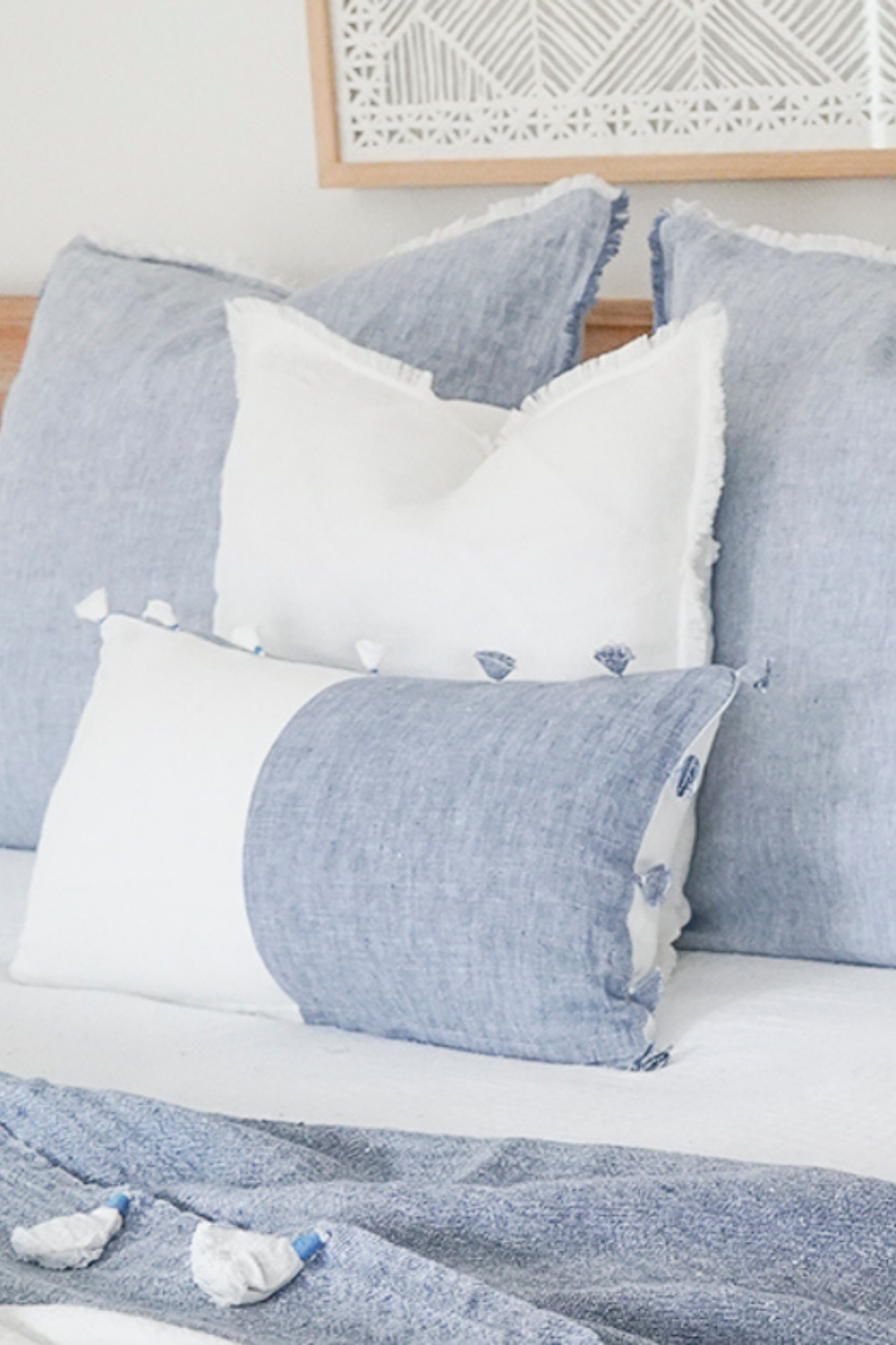 Chambray Blue Tassels So Soft Linen Pillow Cover