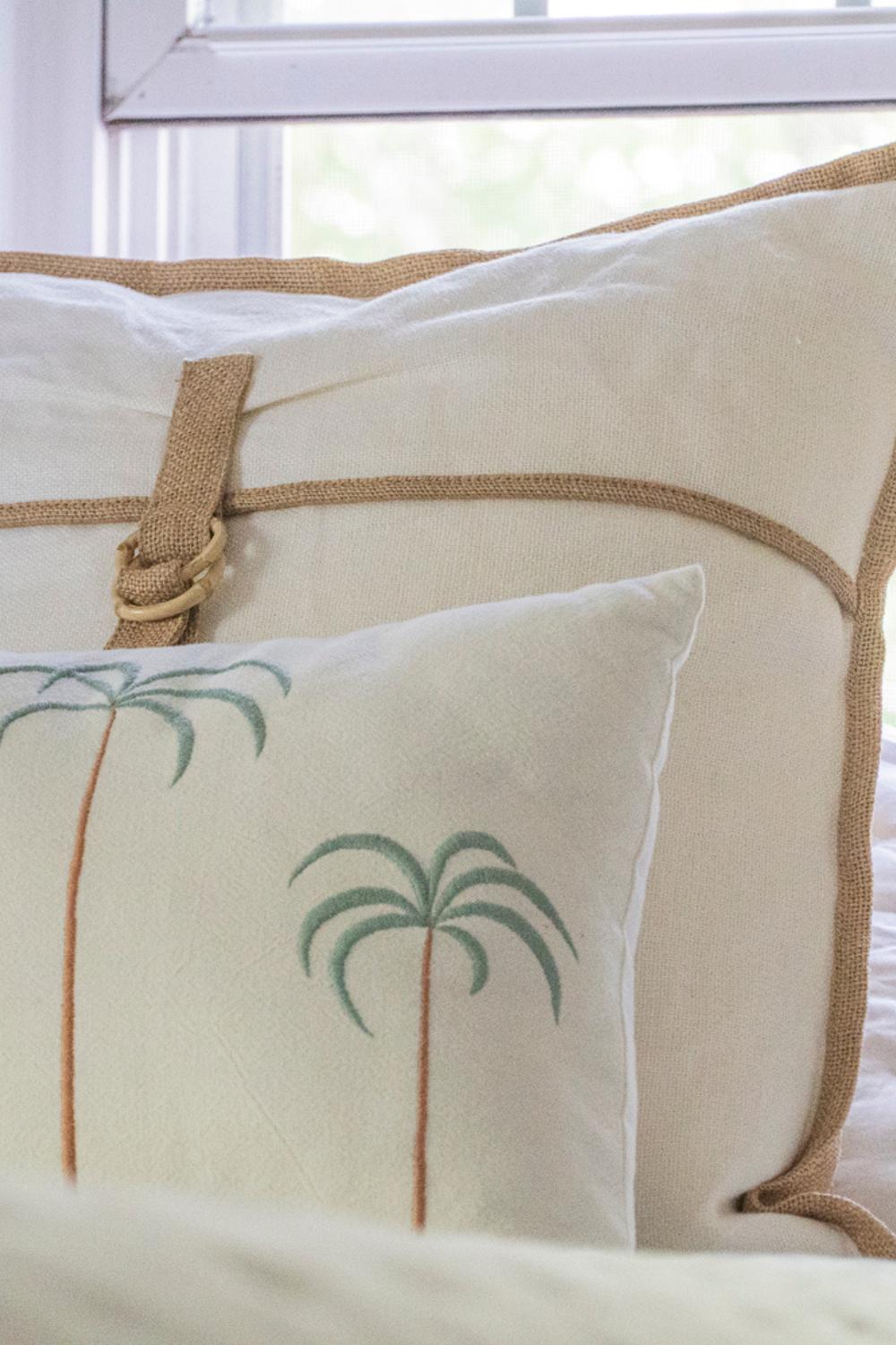 Palm Tree + Birds Embroidered Cotton Pillow Cover