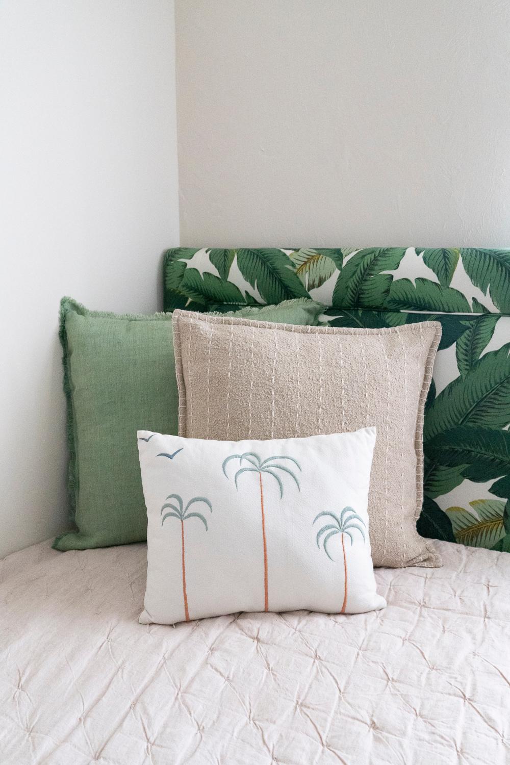 Palm Tree + Birds Embroidered Cotton Pillow Cover