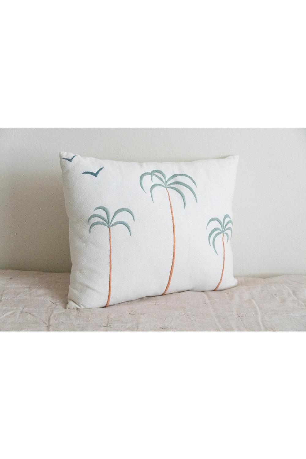 Palm Tree + Birds Embroidered Cotton Pillow Cover