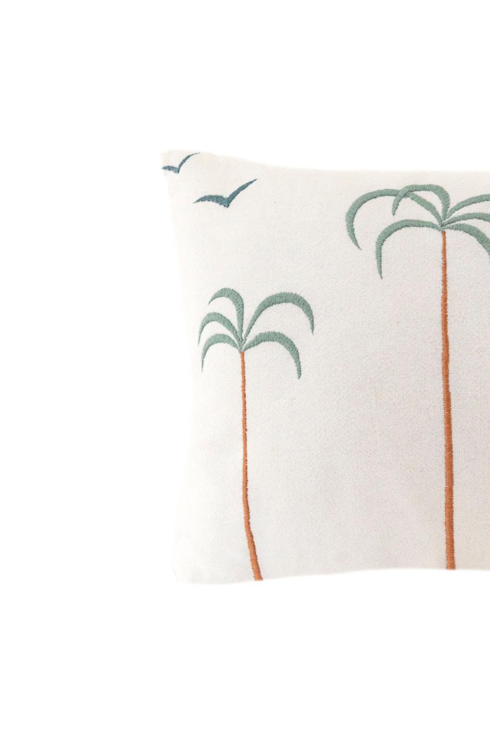 Palm Tree + Birds Embroidered Cotton Pillow Cover
