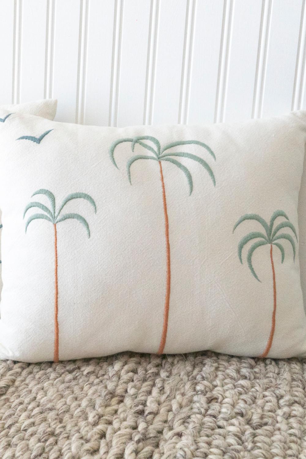 Palm Tree + Birds Embroidered Cotton Pillow Cover