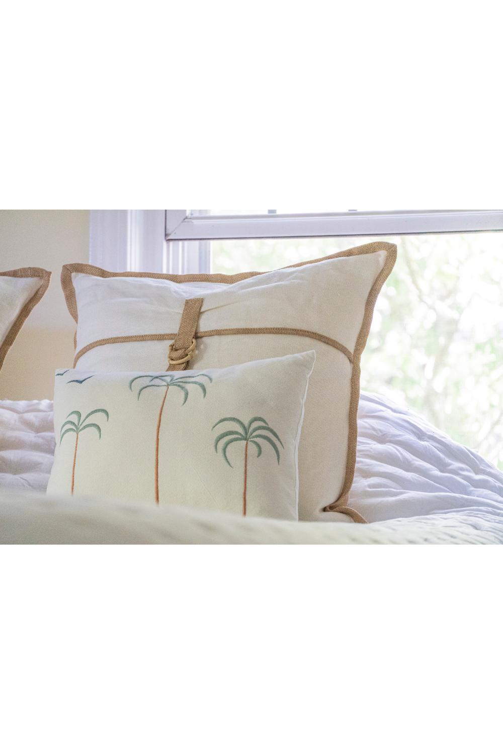 Palm Tree + Birds Embroidered Cotton Pillow Cover
