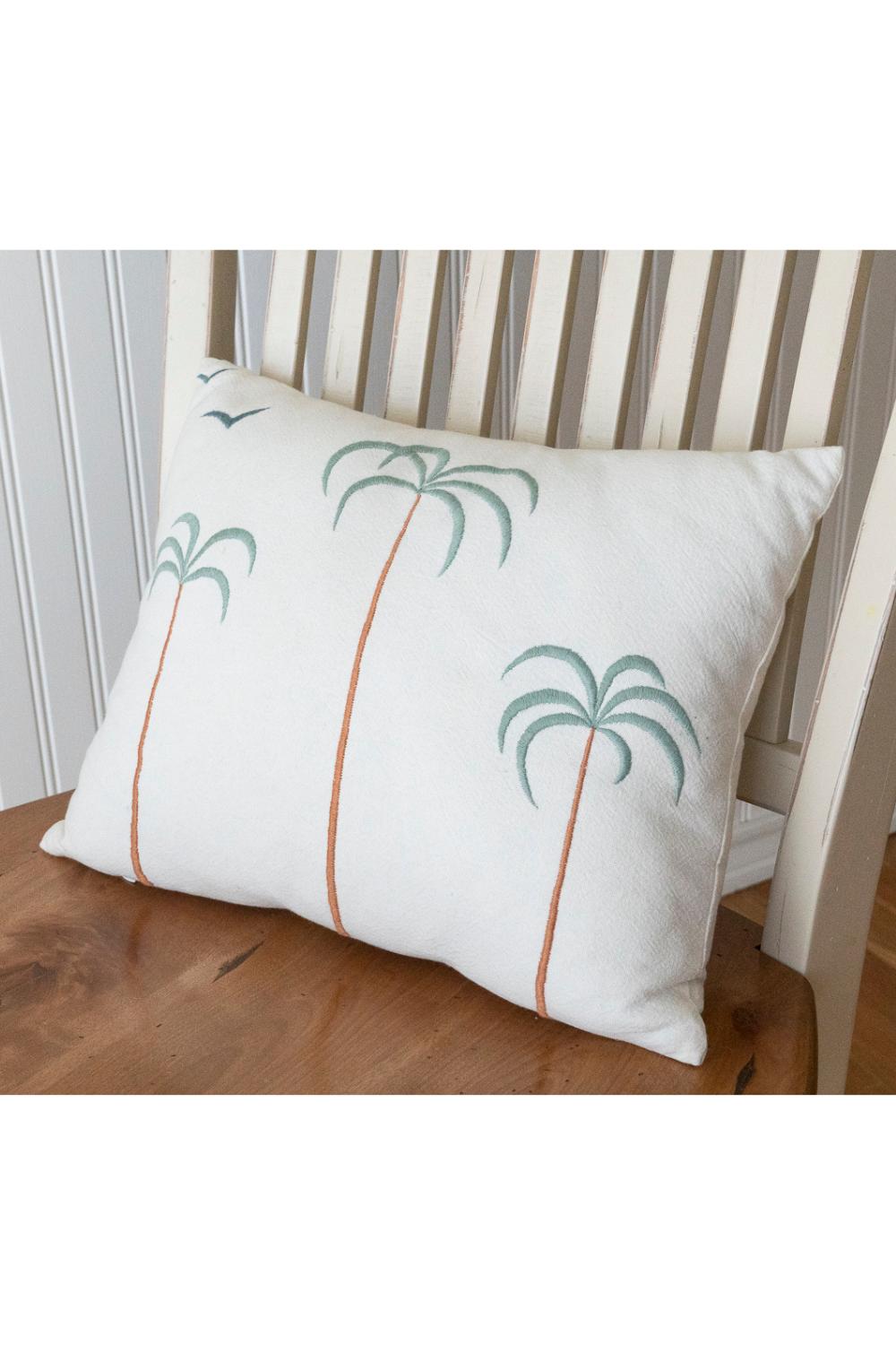 Palm Tree + Birds Embroidered Cotton Pillow Cover