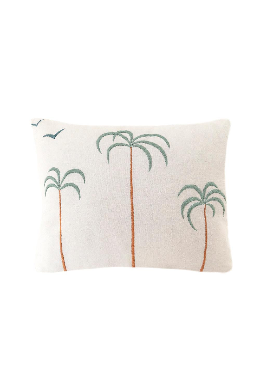 Palm Tree + Birds Embroidered Cotton Pillow Cover