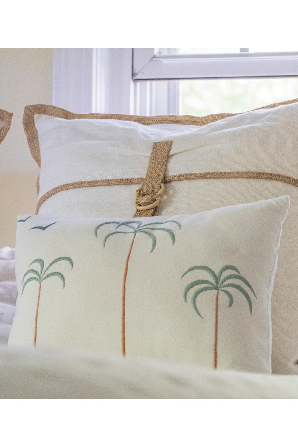 Palm Tree + Birds Embroidered Cotton Pillow Cover