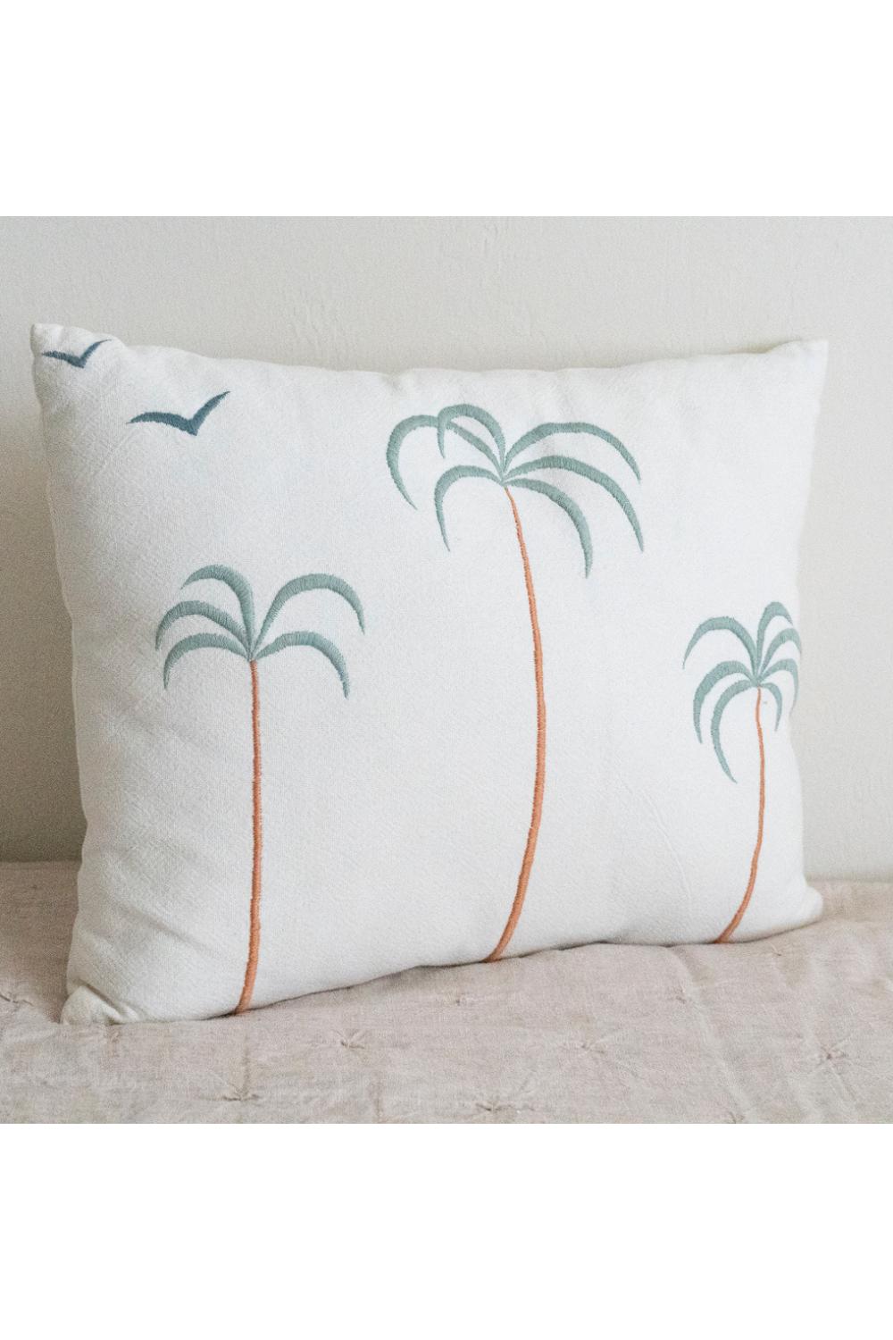 Palm Tree + Birds Embroidered Cotton Pillow Cover