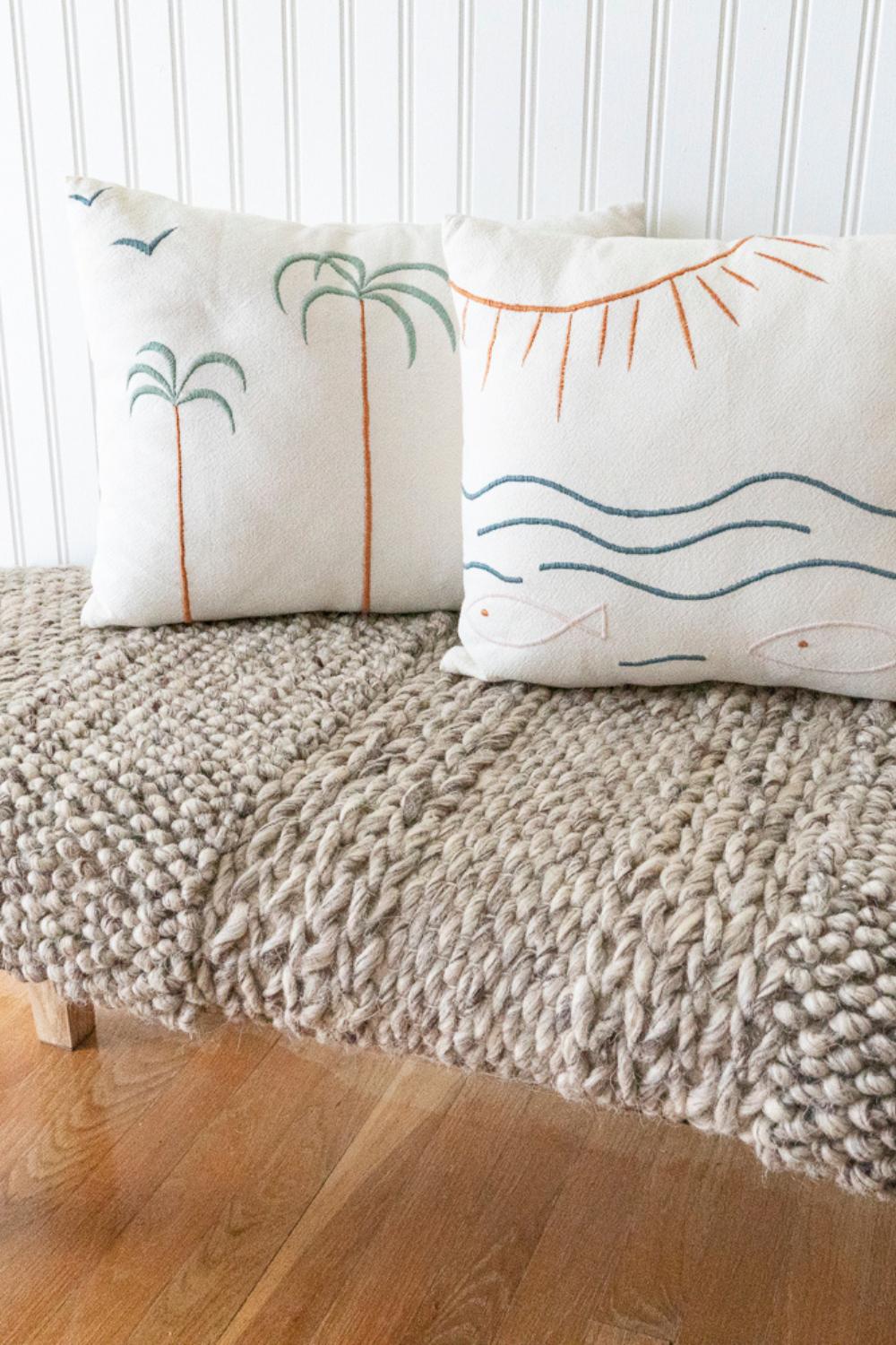 Palm Tree + Birds Embroidered Cotton Pillow Cover