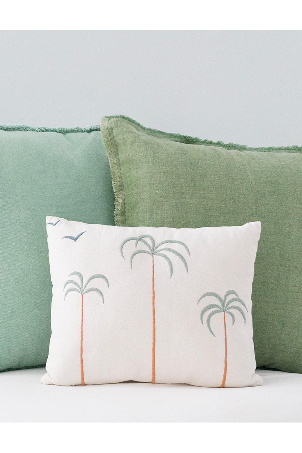 Palm Tree + Birds Embroidered Cotton Pillow Cover