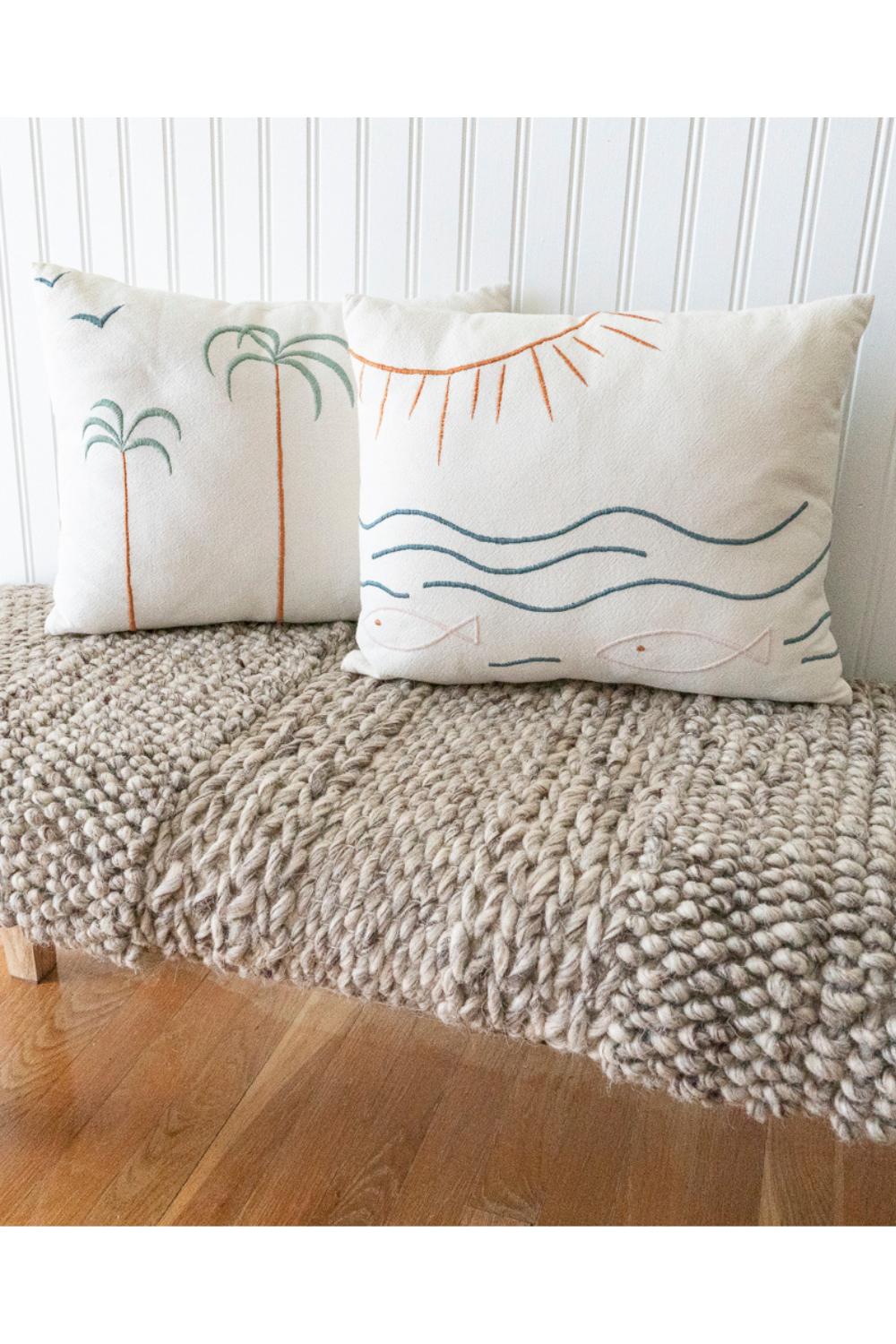 Palm Tree + Birds Embroidered Cotton Pillow Cover