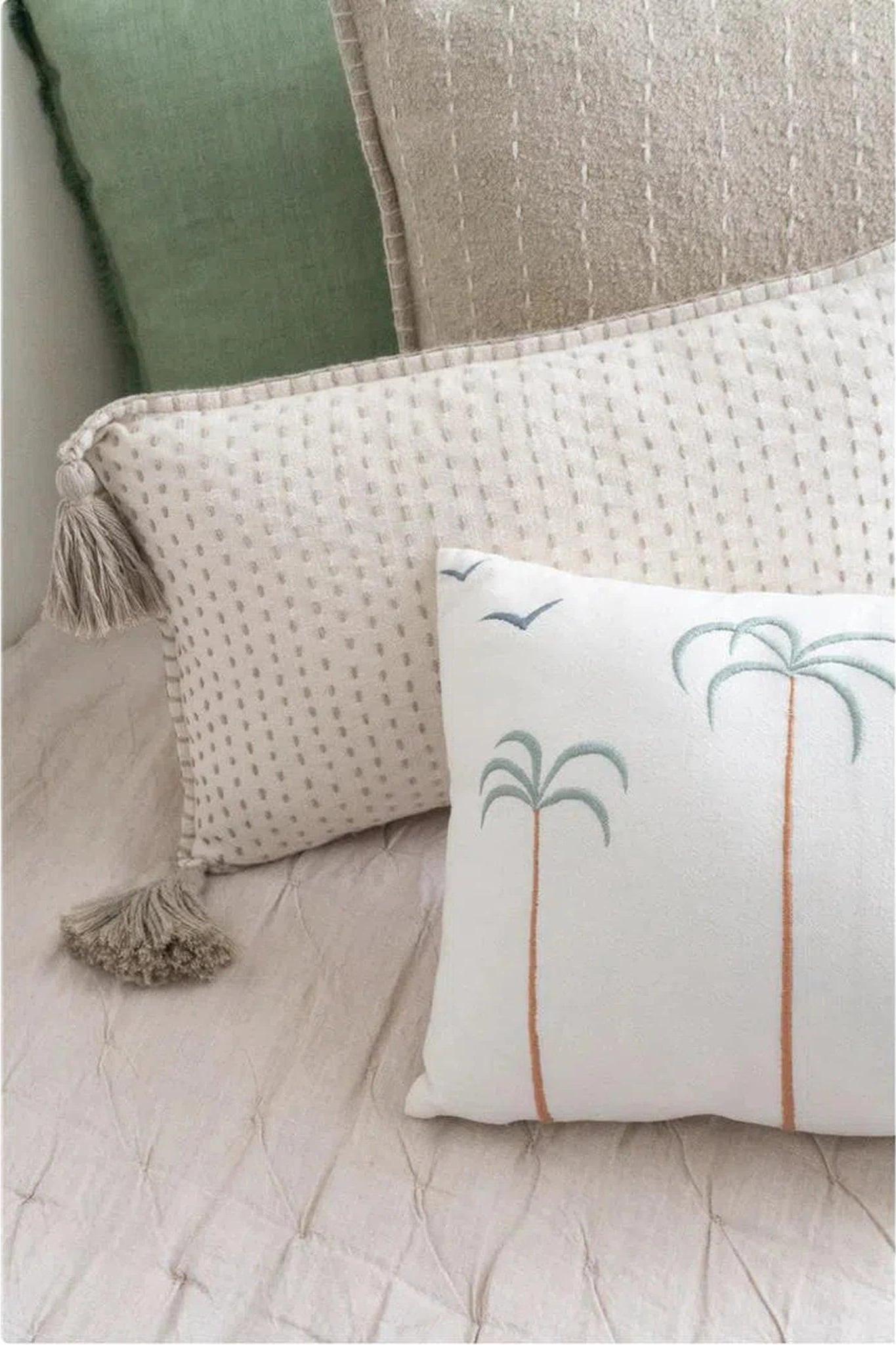 Palm Tree + Birds Embroidered Cotton Pillow Cover