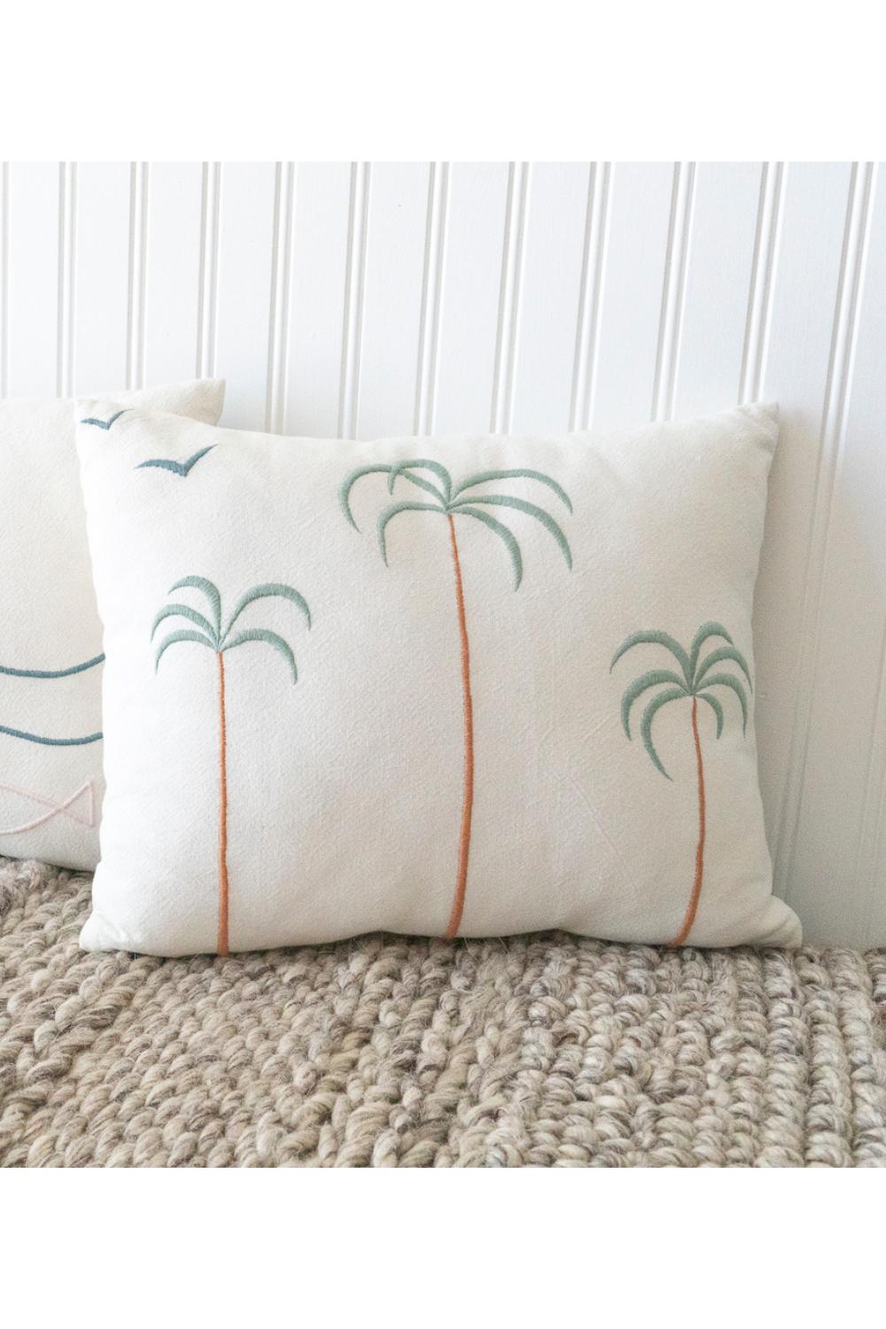 Palm Tree + Birds Embroidered Cotton Pillow Cover