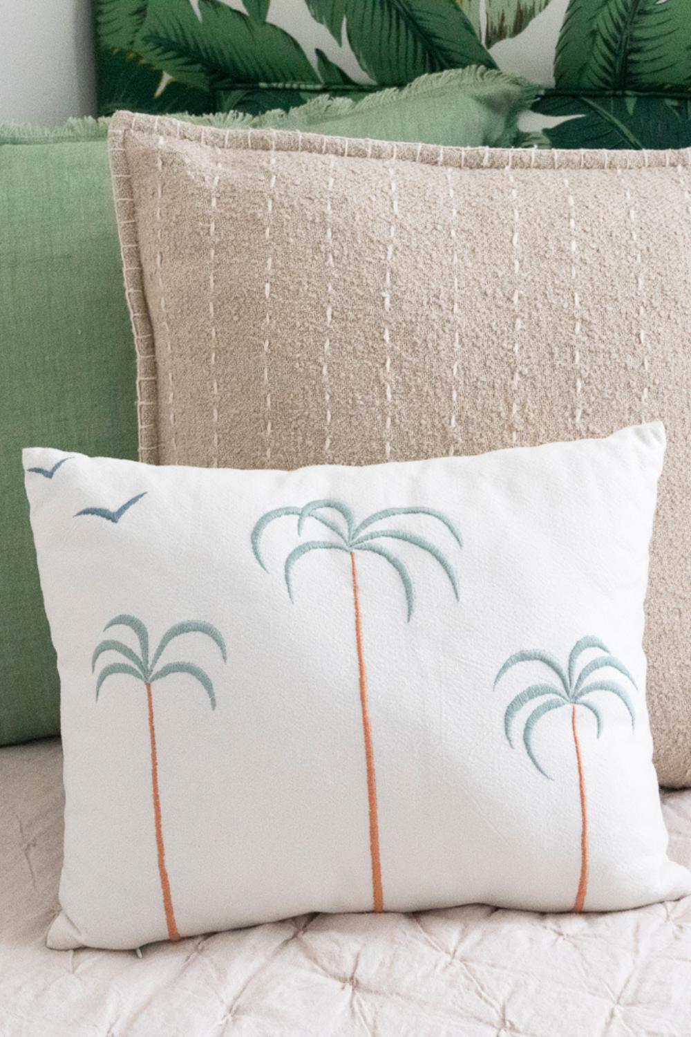 Palm Tree + Birds Embroidered Cotton Pillow Cover