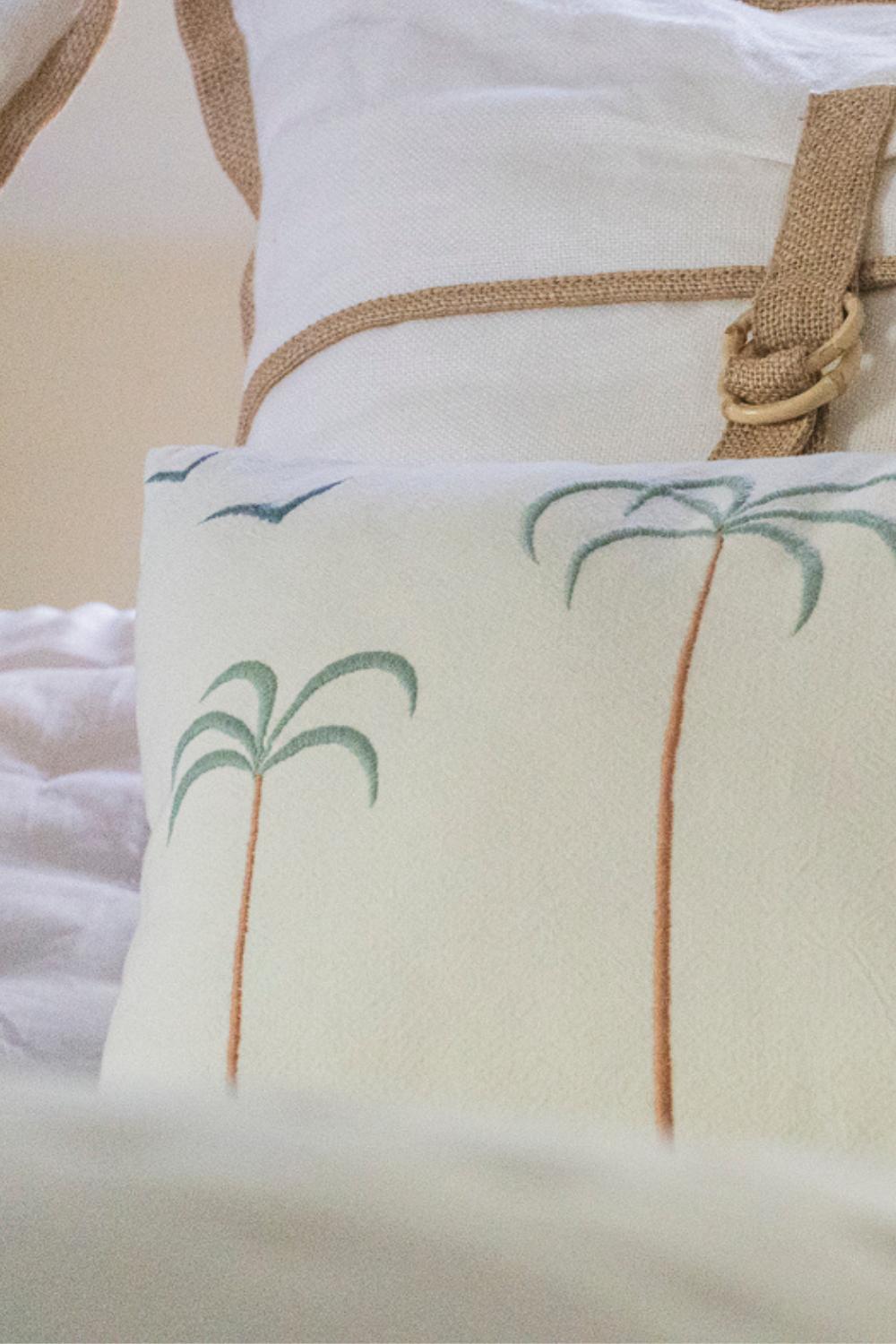 Palm Tree + Birds Embroidered Cotton Pillow Cover