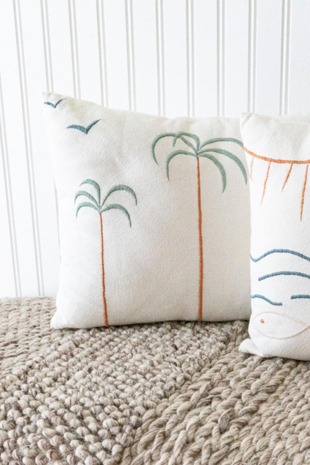 Palm Tree + Birds Embroidered Cotton Pillow Cover
