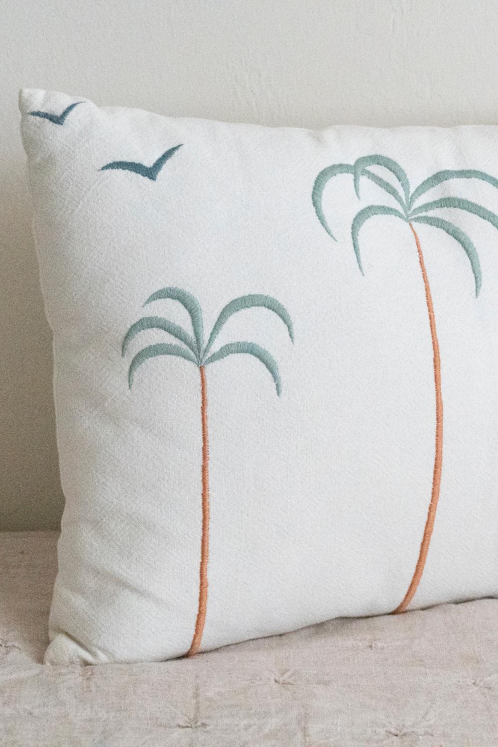 Palm Tree + Birds Embroidered Cotton Pillow Cover