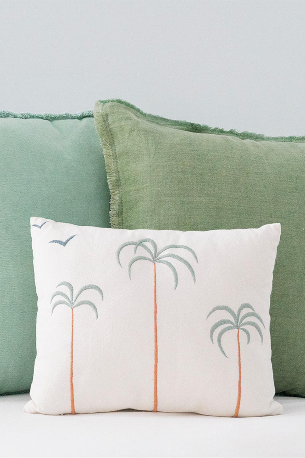 Palm Tree + Birds Embroidered Cotton Pillow Cover