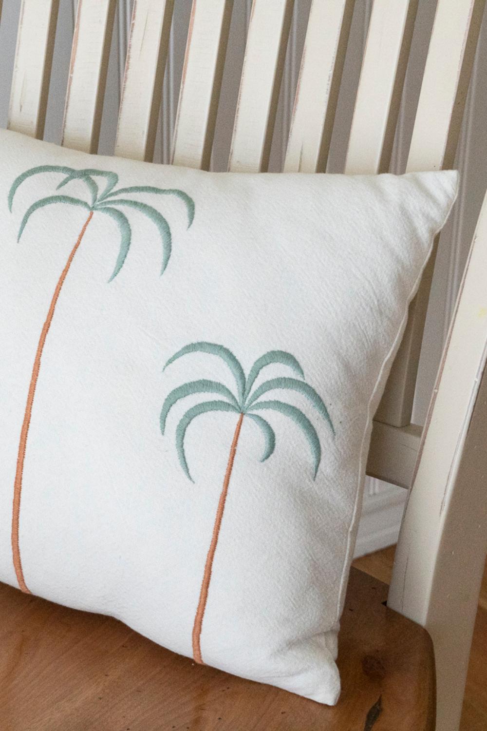 Palm Tree + Birds Embroidered Cotton Pillow Cover