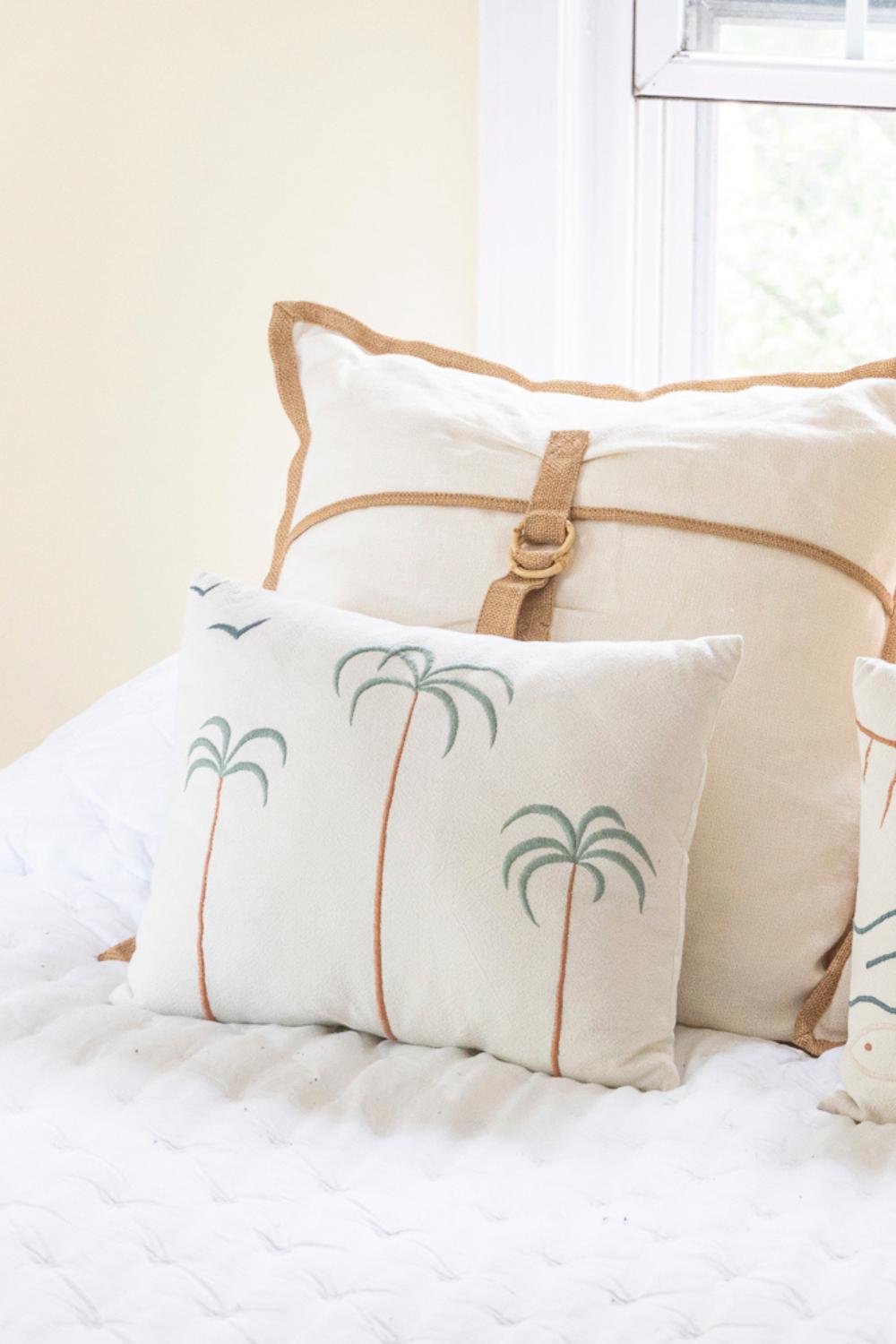 Palm Tree + Birds Embroidered Cotton Pillow Cover