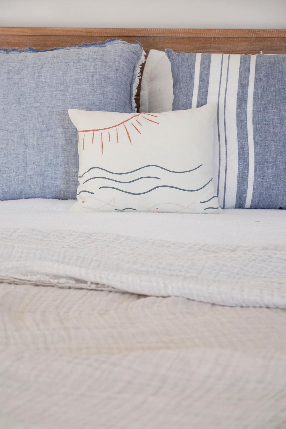 Sun, Fish, + Ocean Embroidered Cotton Pillow Cover