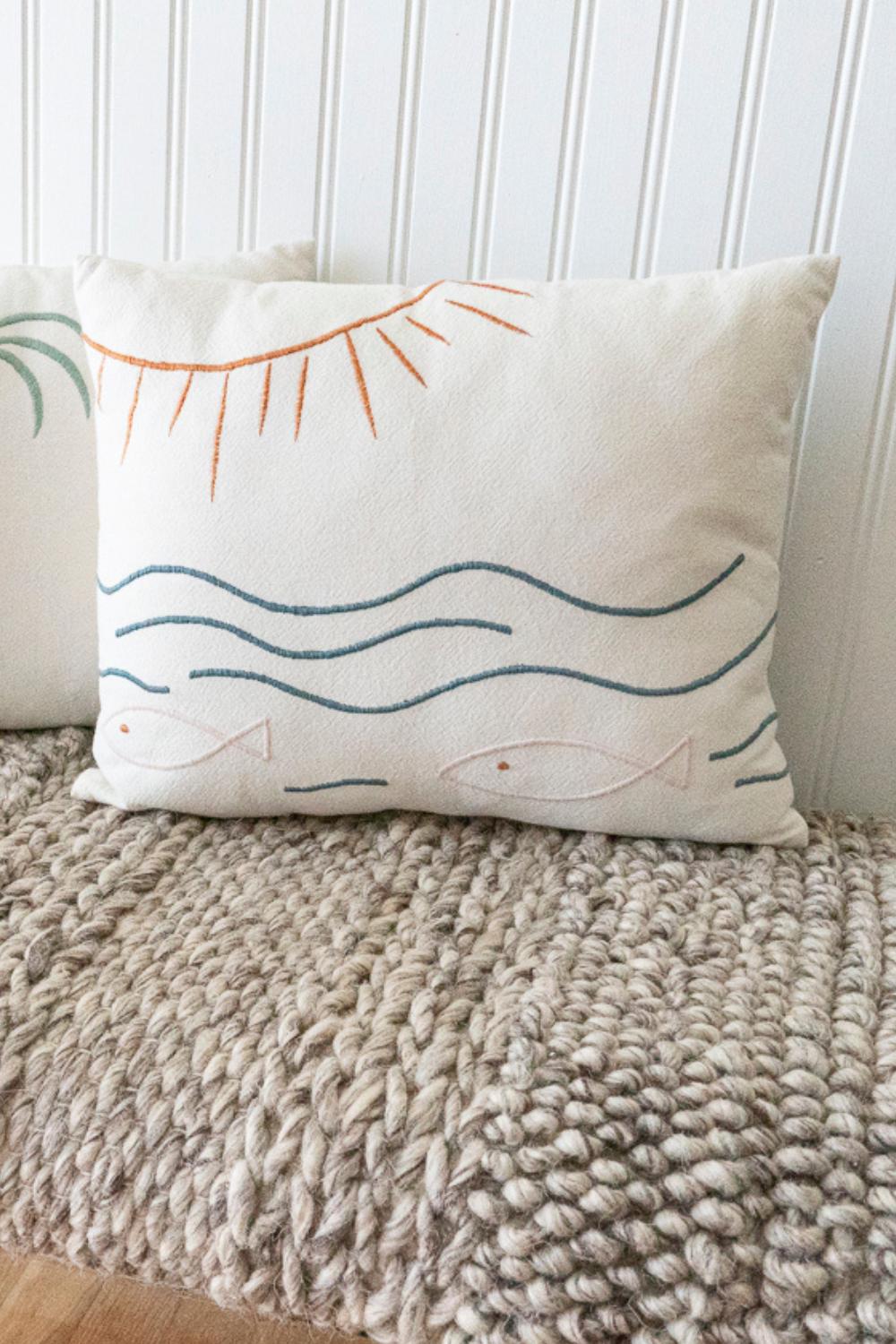 Sun, Fish, + Ocean Embroidered Cotton Pillow Cover