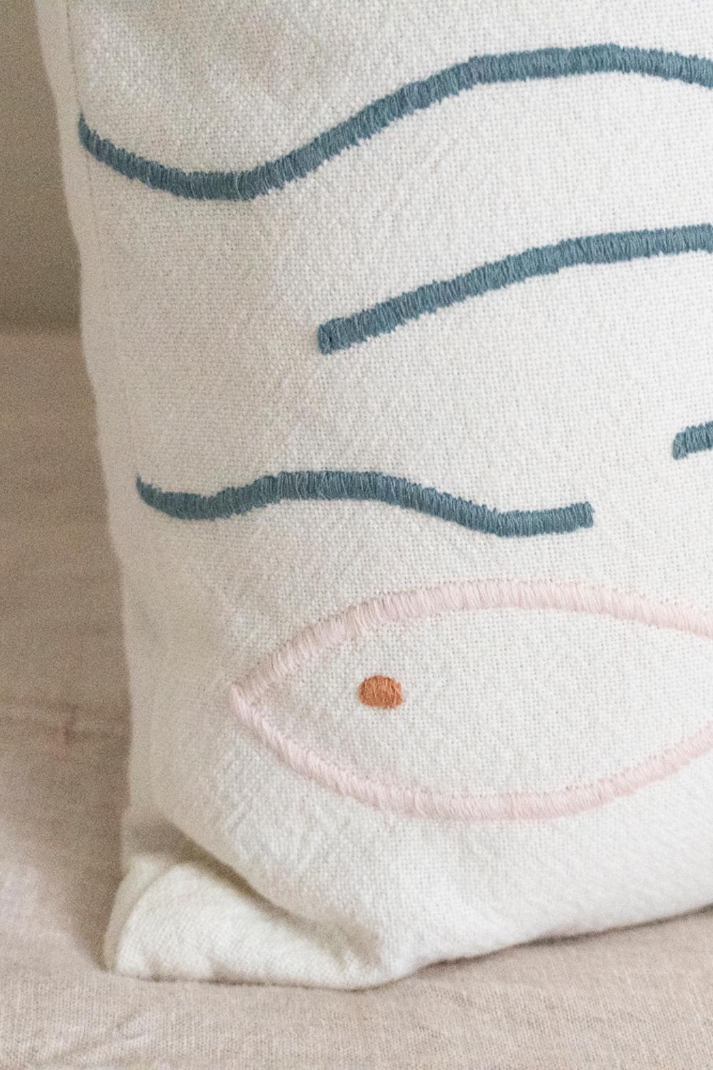 Sun, Fish, + Ocean Embroidered Cotton Pillow Cover