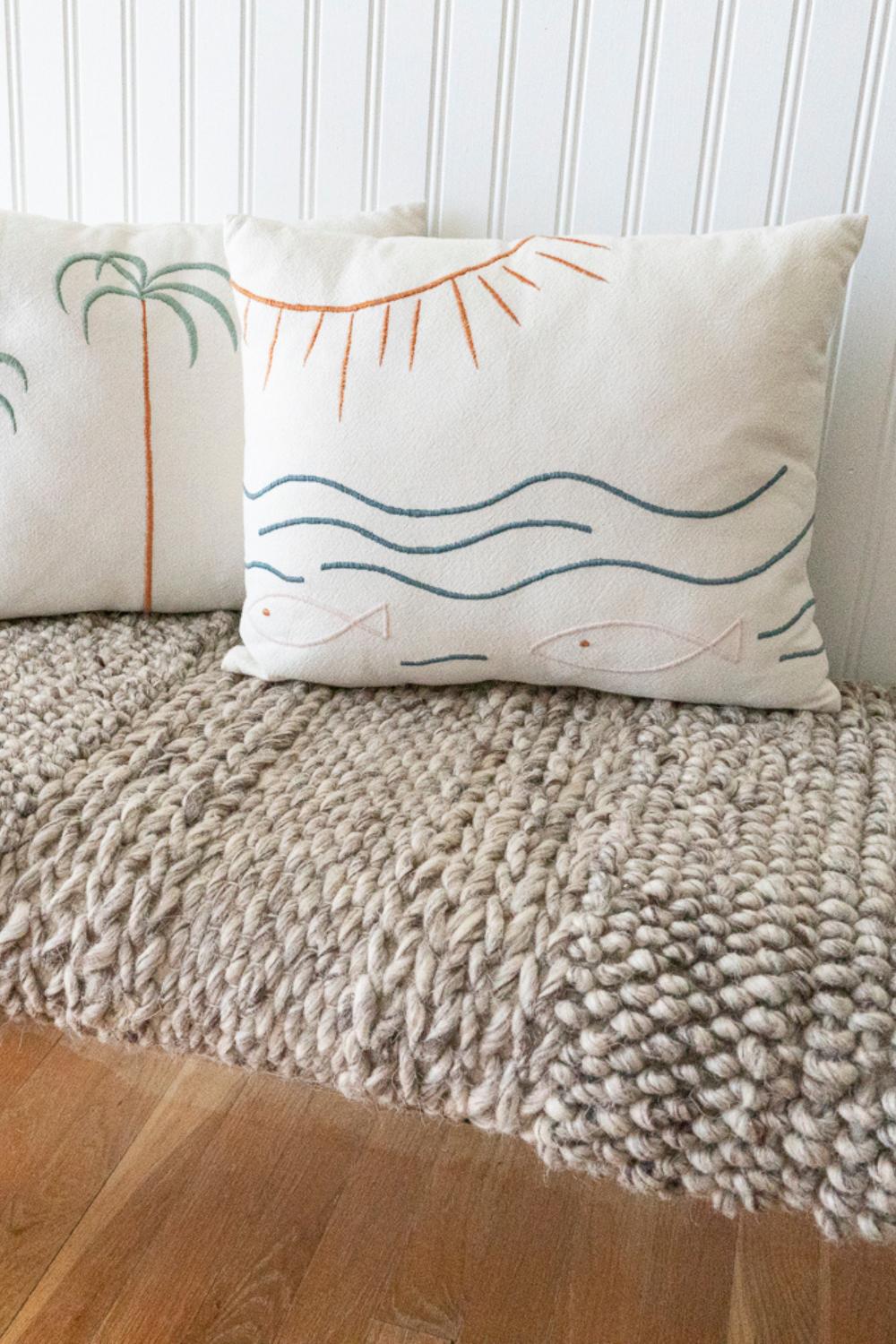 Sun, Fish, + Ocean Embroidered Cotton Pillow Cover