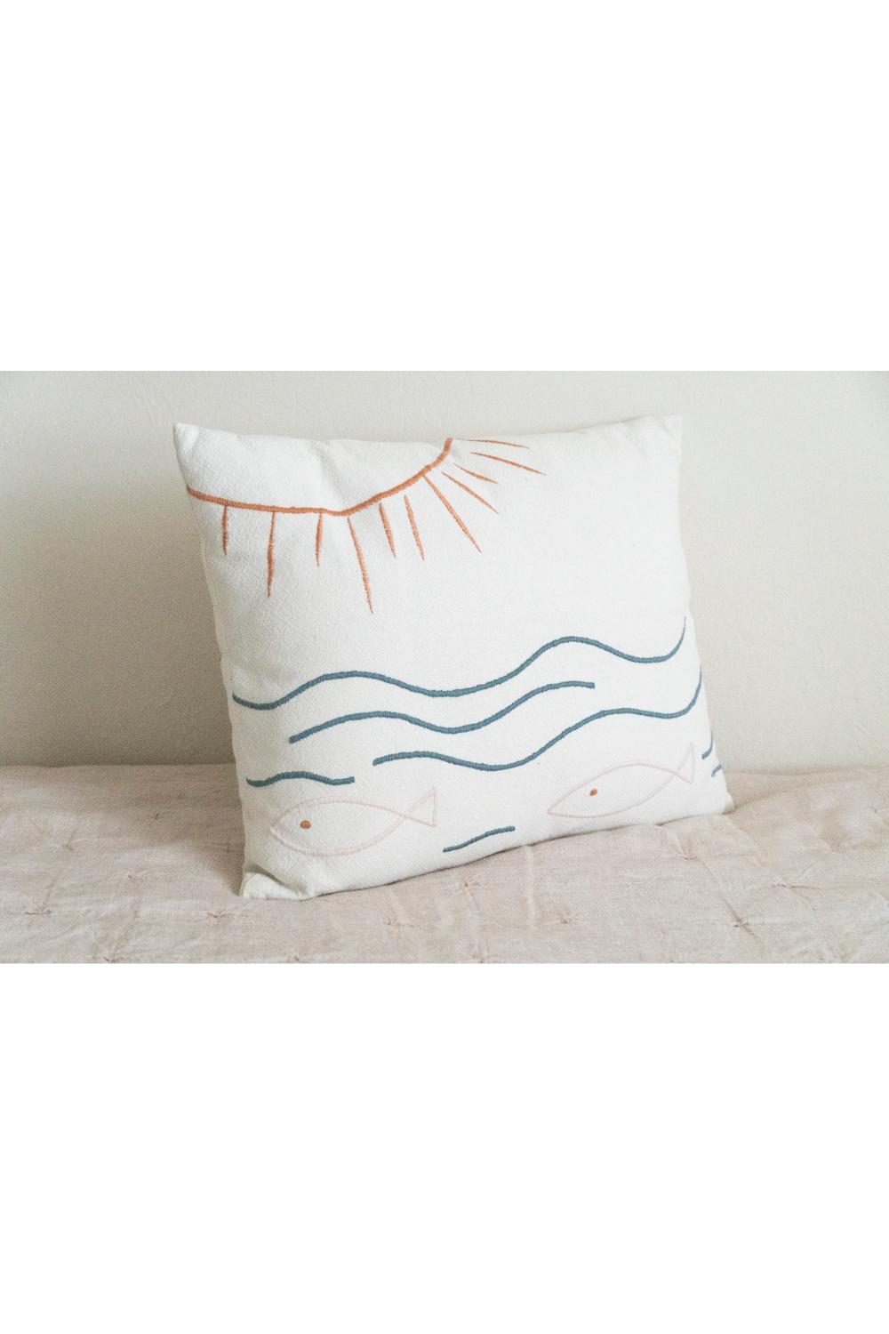 Sun, Fish, + Ocean Embroidered Cotton Pillow Cover