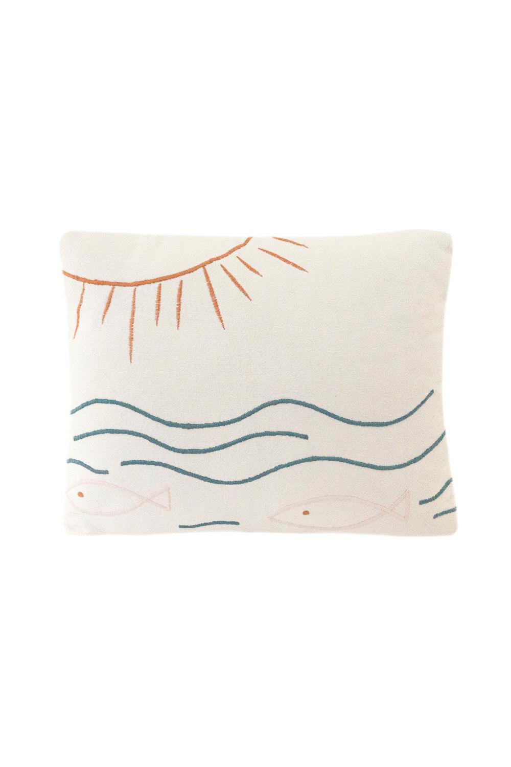 Sun, Fish, + Ocean Embroidered Cotton Pillow Cover