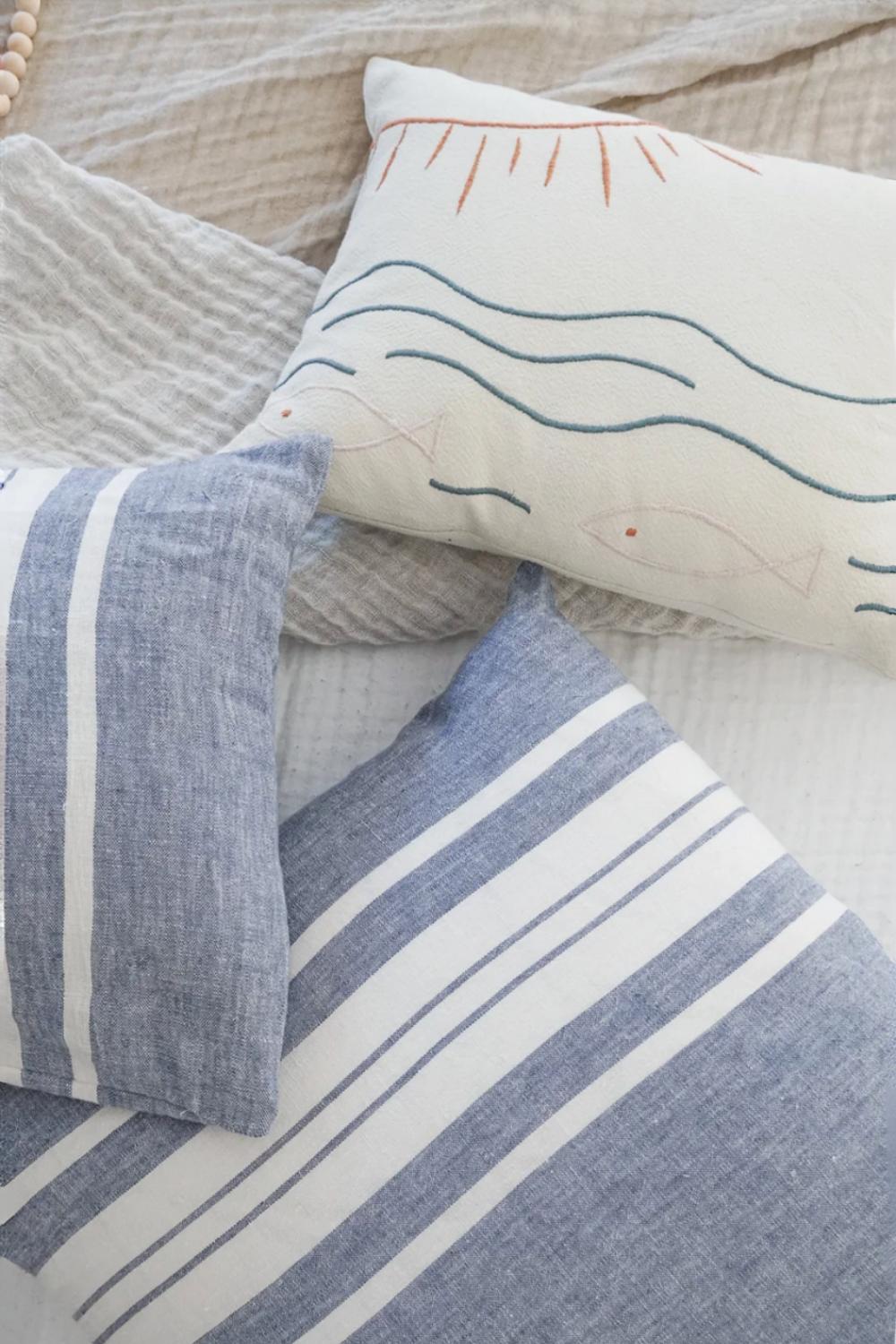 Sun, Fish, + Ocean Embroidered Cotton Pillow Cover