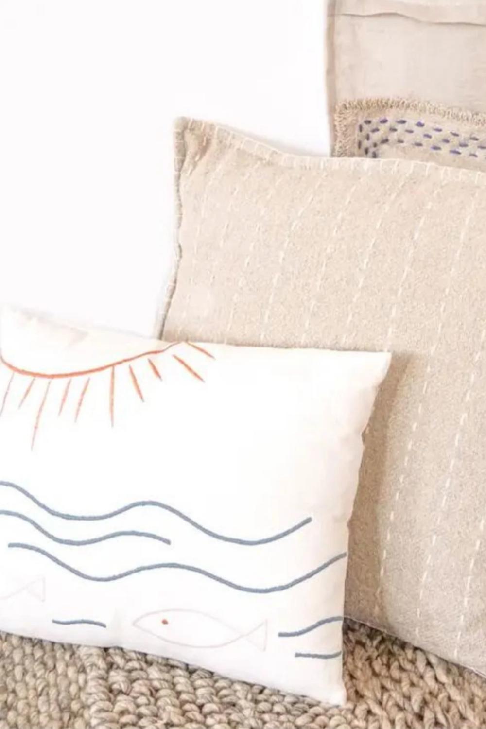 Sun, Fish, + Ocean Embroidered Cotton Pillow Cover