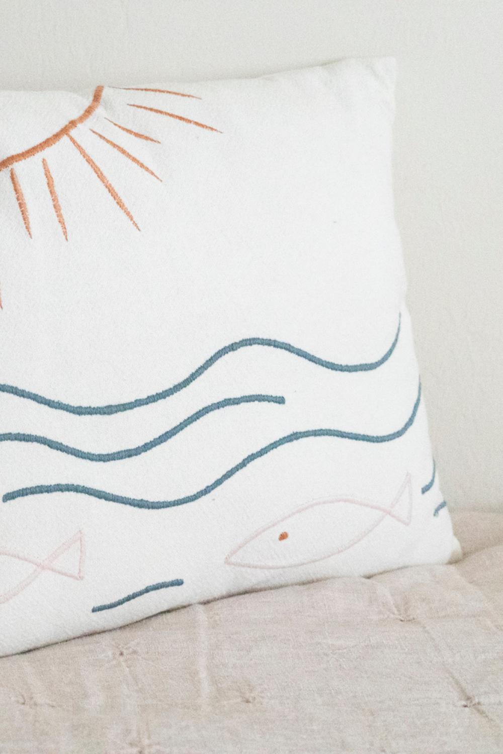 Sun, Fish, + Ocean Embroidered Cotton Pillow Cover