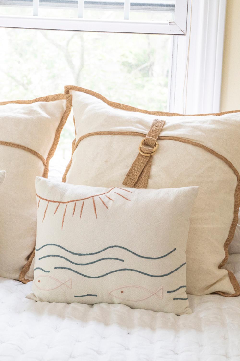 Sun, Fish, + Ocean Embroidered Cotton Pillow Cover