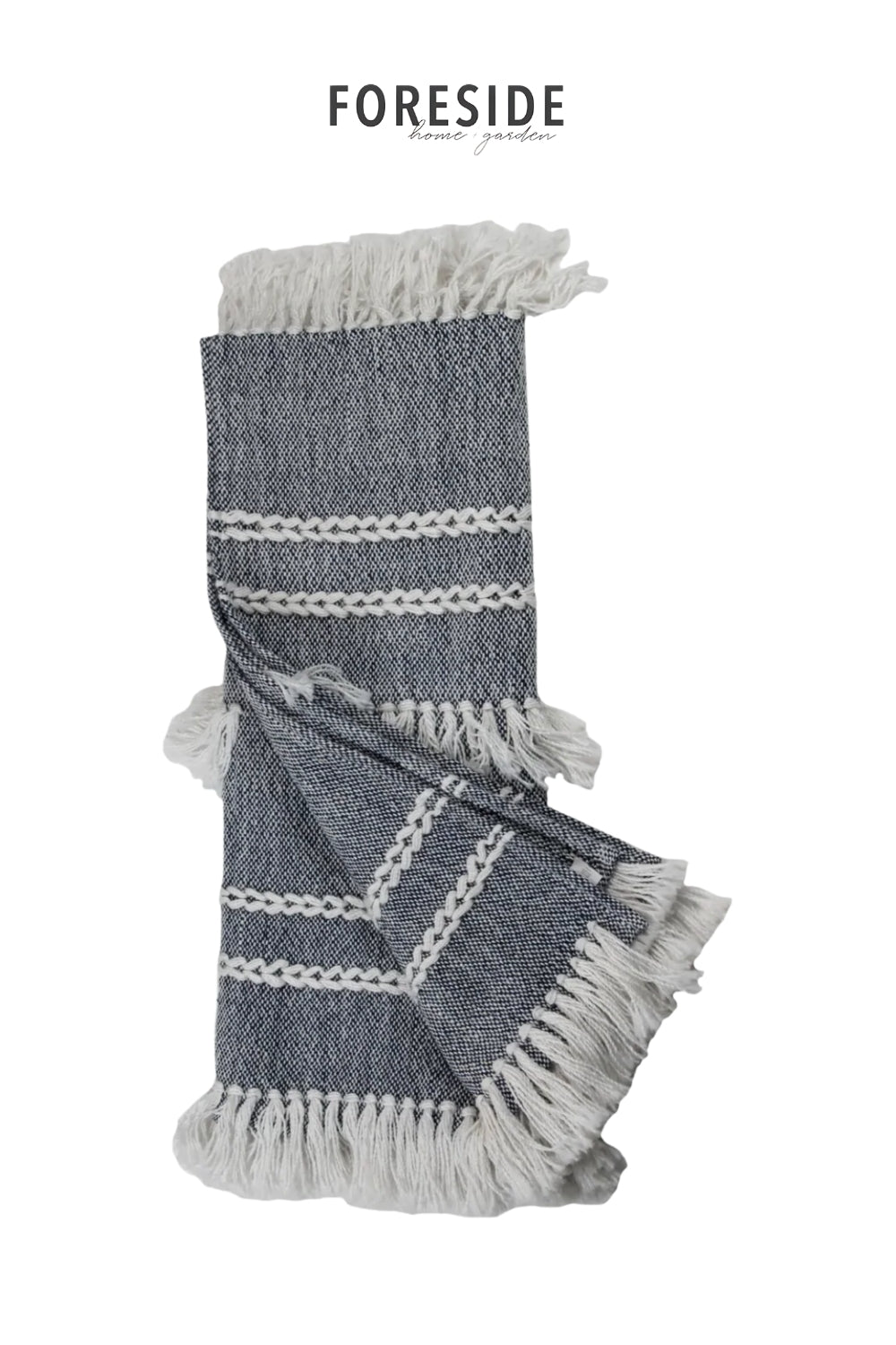 Blue and white striped towel with fringes on a white background, featuring the Foreside brand.