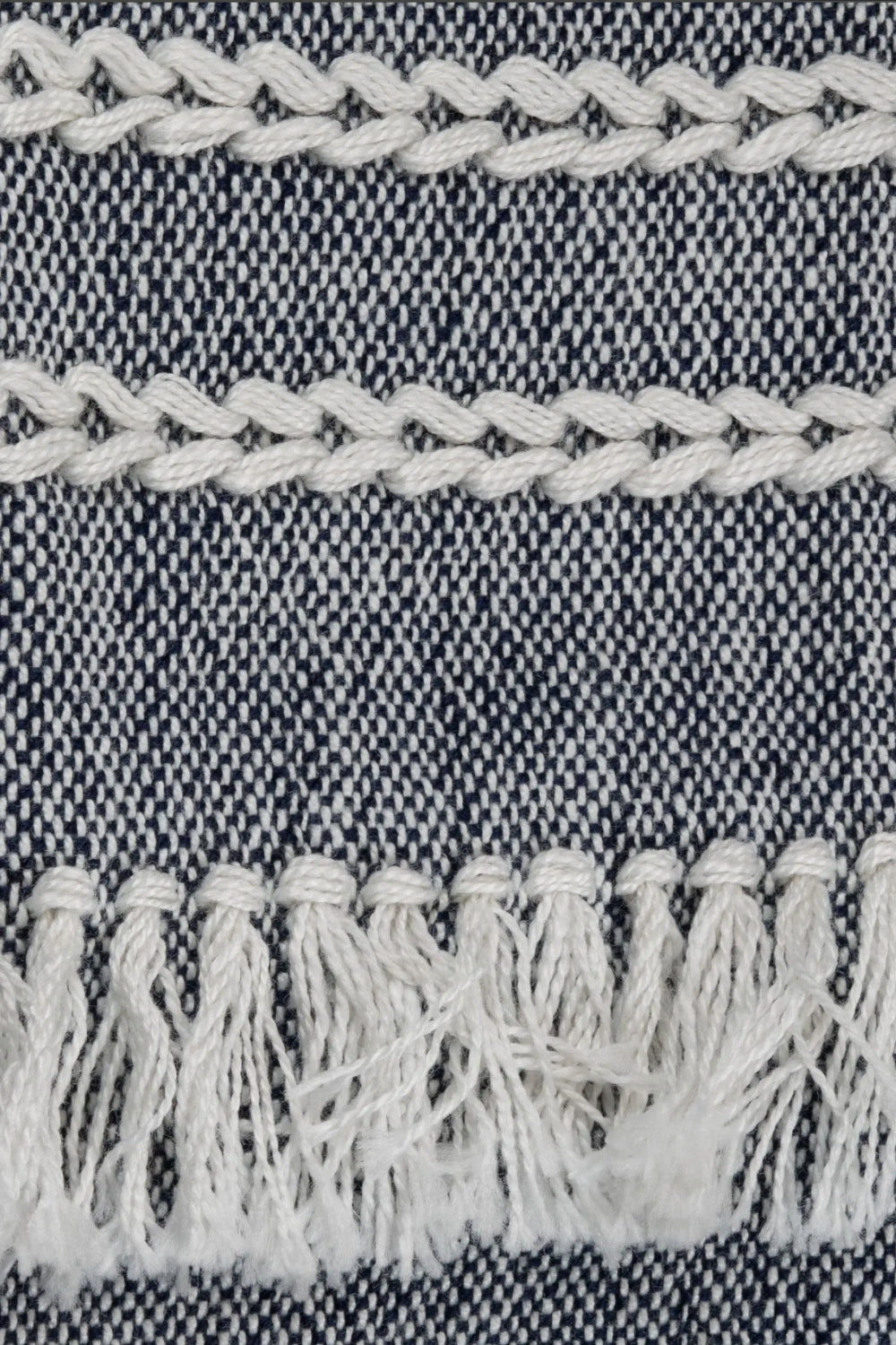 Close-up of textured fabric with braided pattern and fringes.