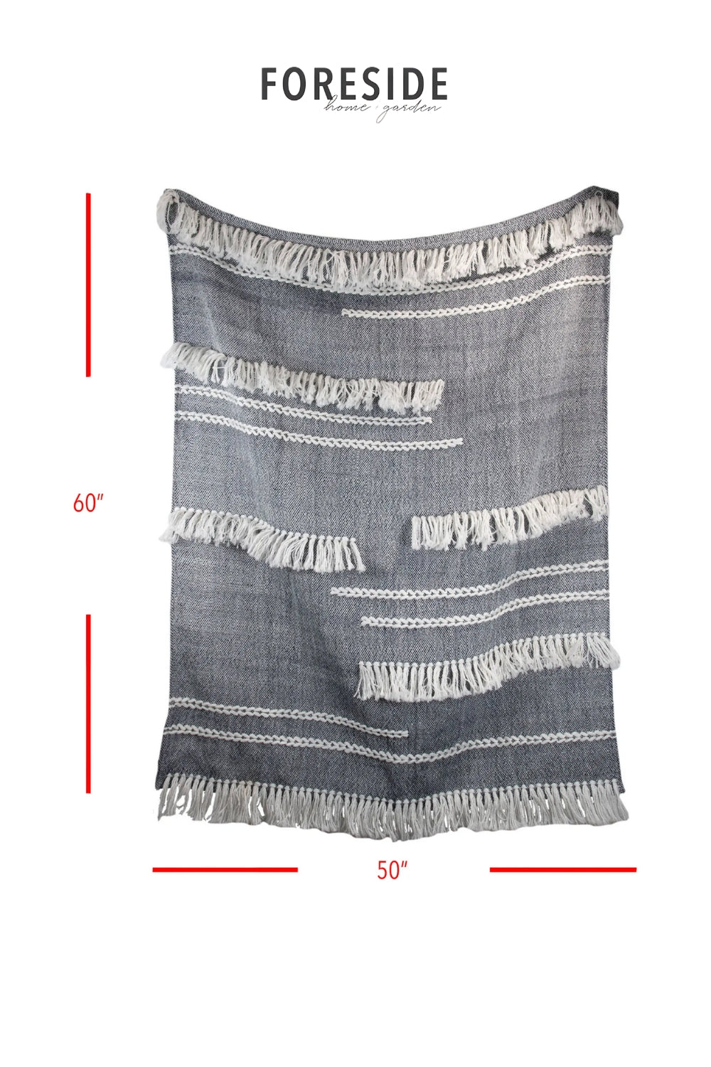 Gray blanket with white stripes and fringes, displayed with measurements on a white background, branded 'Foreside'.