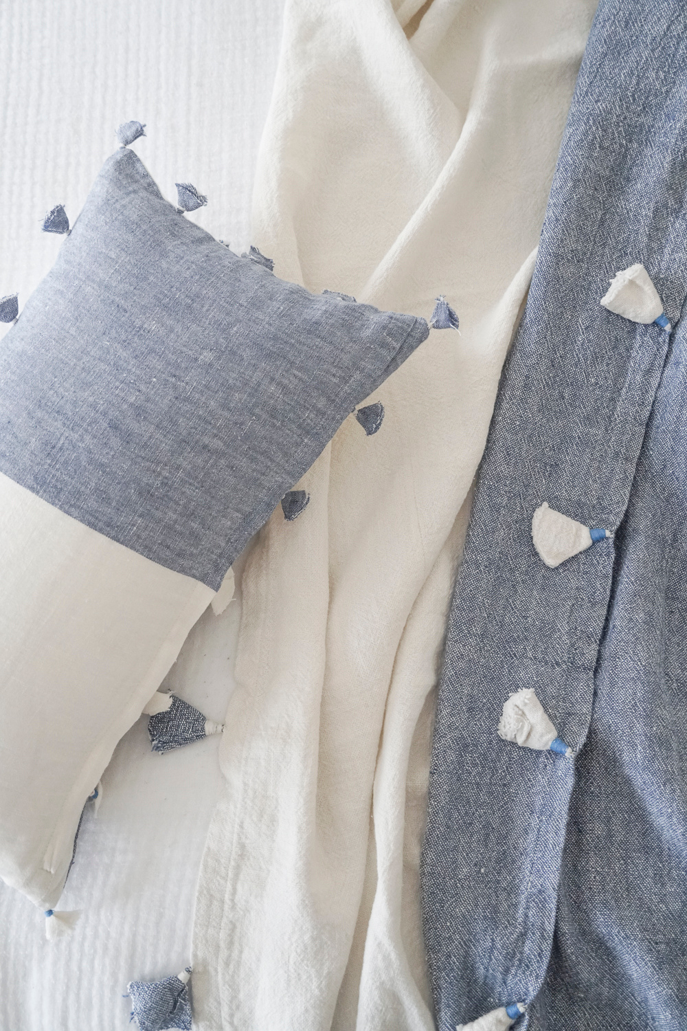 Chambray Blue Tassels So Soft Linen Pillow Cover