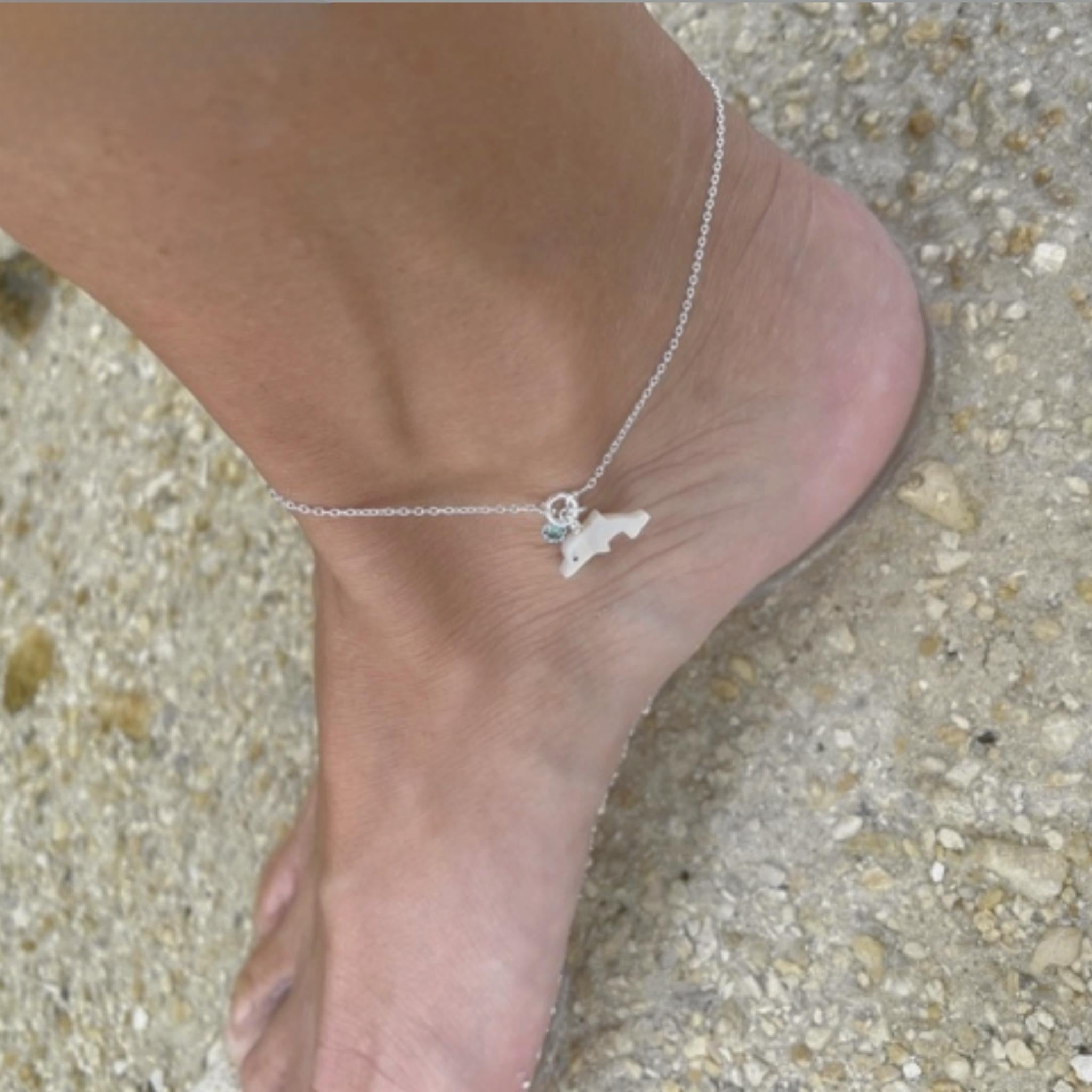 Dolphin and Aqua Crystal Sterling Silver Anklet