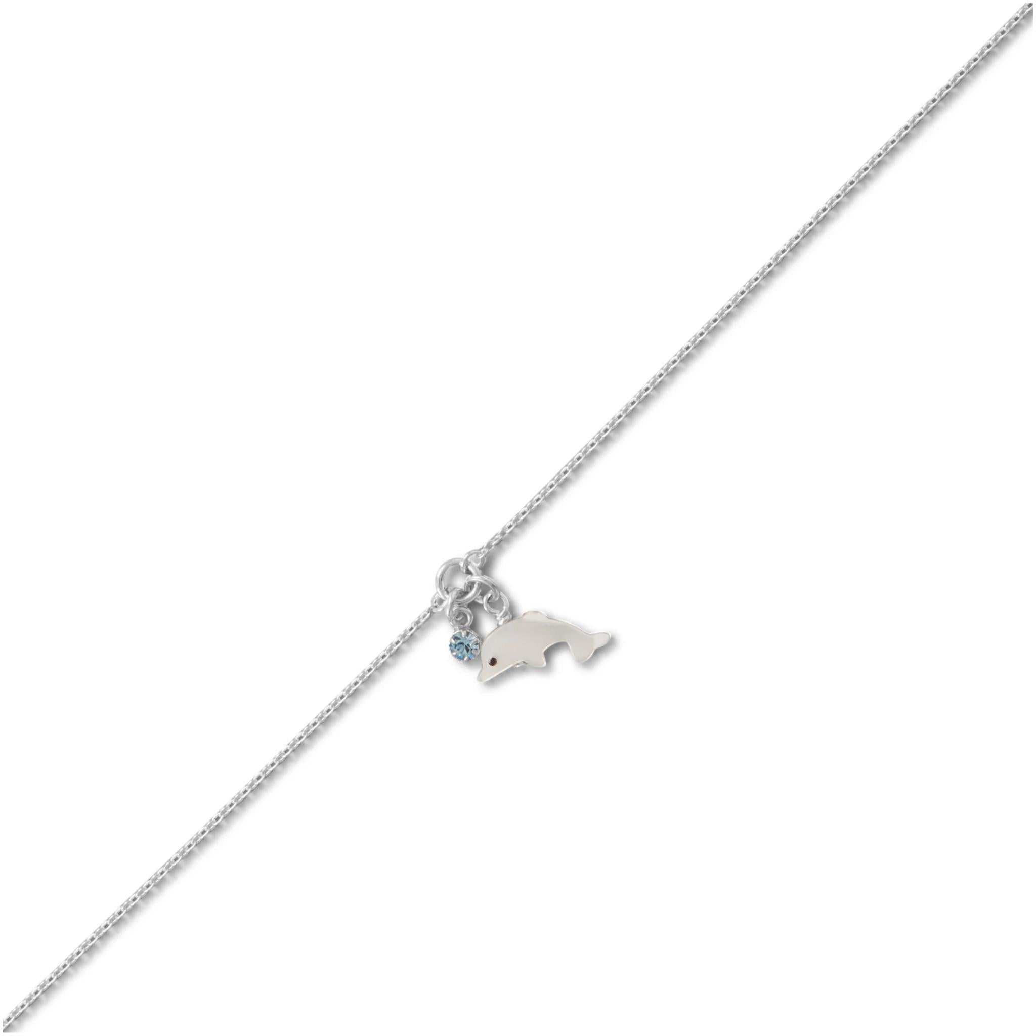 Dolphin and Aqua Crystal Sterling Silver Anklet