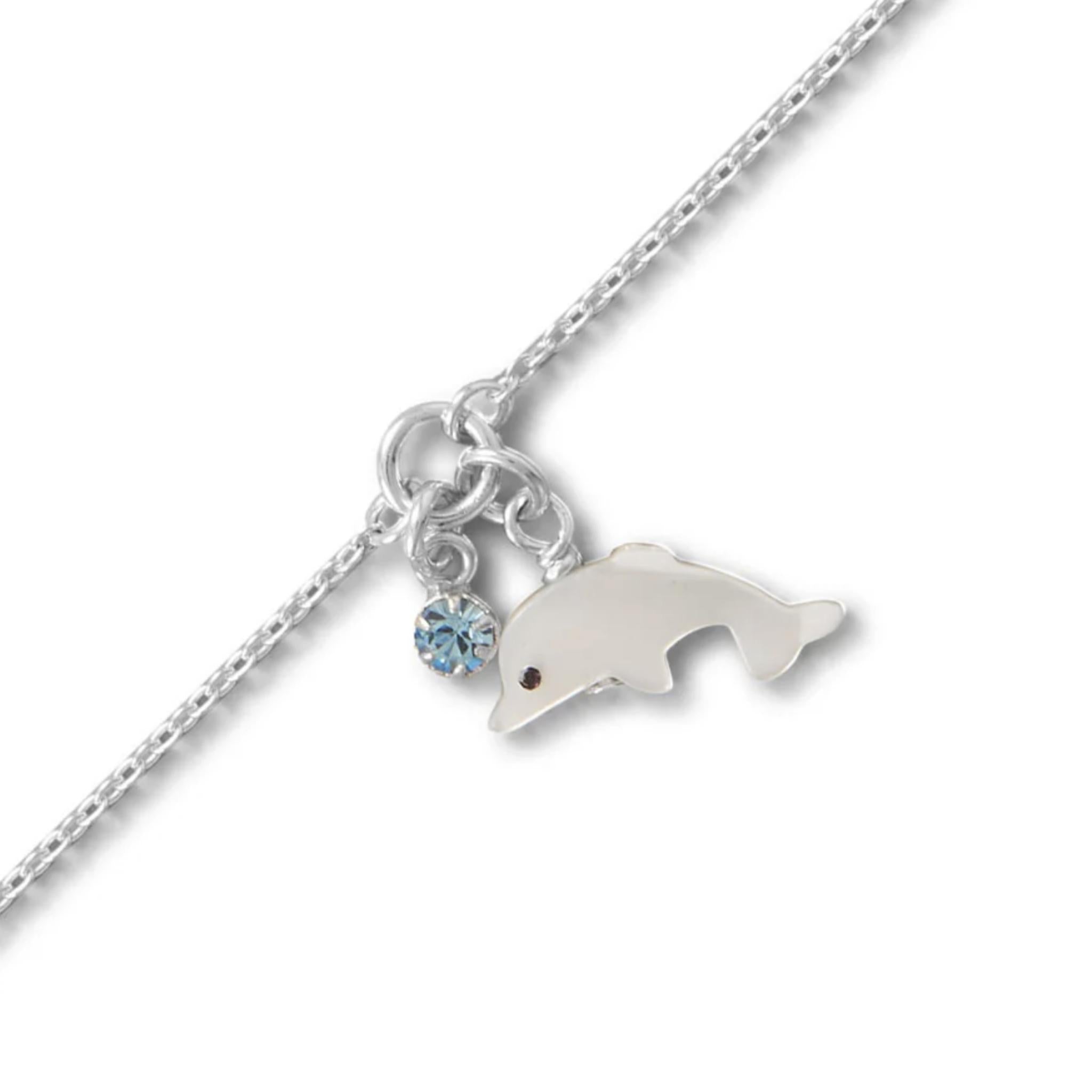 Dolphin and Aqua Crystal Sterling Silver Anklet