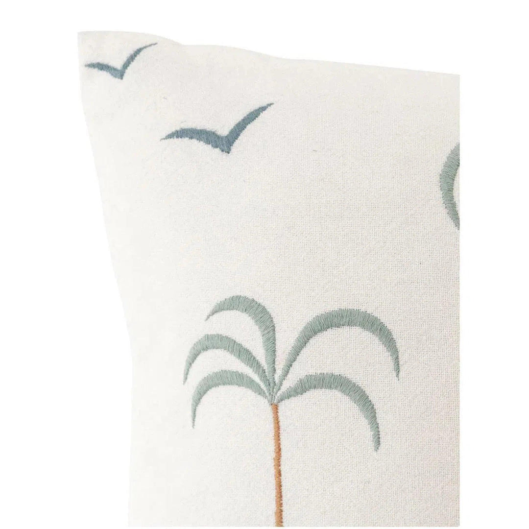 Palm Tree + Birds Embroidered Cotton Pillow Cover - Oceanista