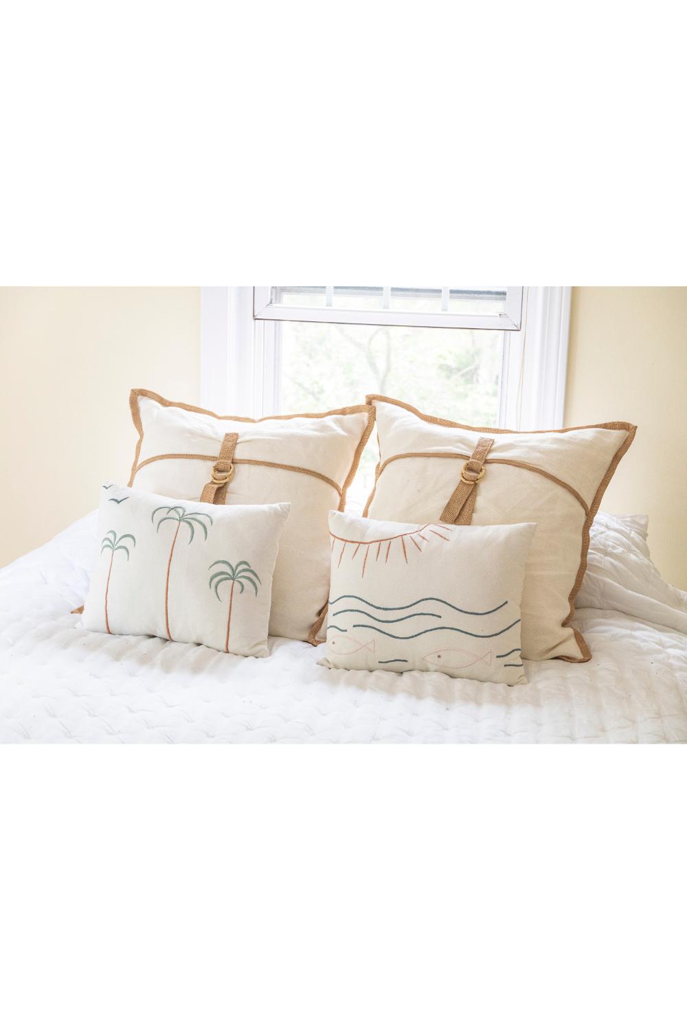 Palm Tree + Birds Embroidered Cotton Pillow Cover