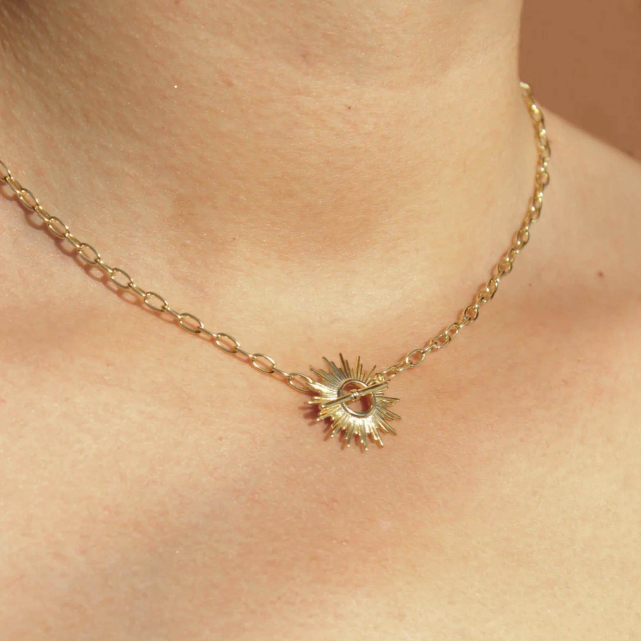 Shine On! 14 Karat Gold Plated Sunburst Toggle Necklace